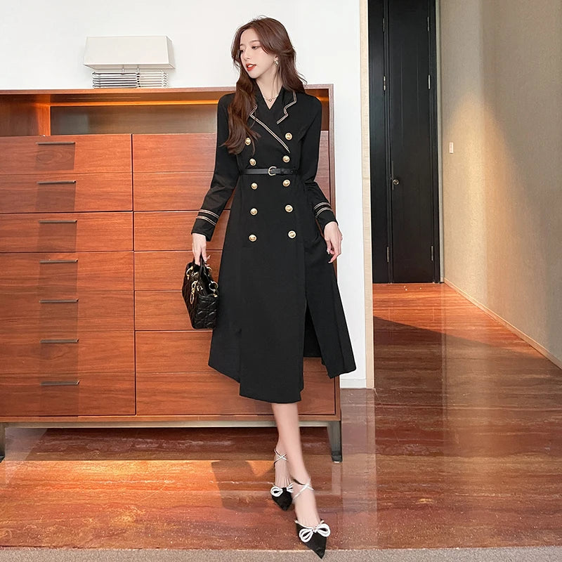 Spring Autumn Double Breasted Mid-leng Trench Coat Dresses for Women Elegant Black Slim Lapel Slim Casual Slit Dress with Belt