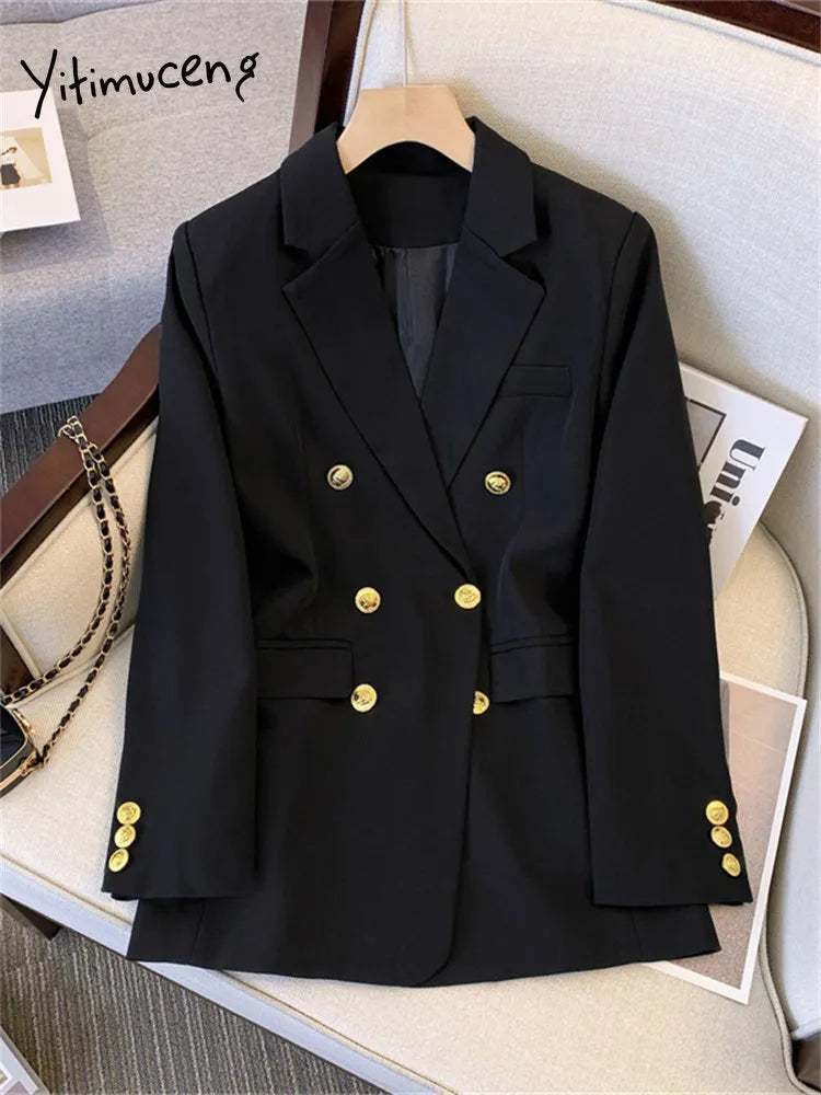 Yitimuceng Fashion Blazers for Women Jackets 2023 New Spring Summer Office Ladies Long Coats Notched Double Breasted Outerwear