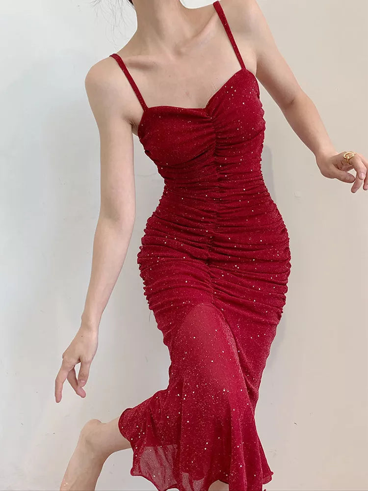 Red Mermaid Women Dress Spaghetti Strap Party Gowns 2022 New Summer Strapless Backless Ruched Beach Dresses for Holiday Birthday