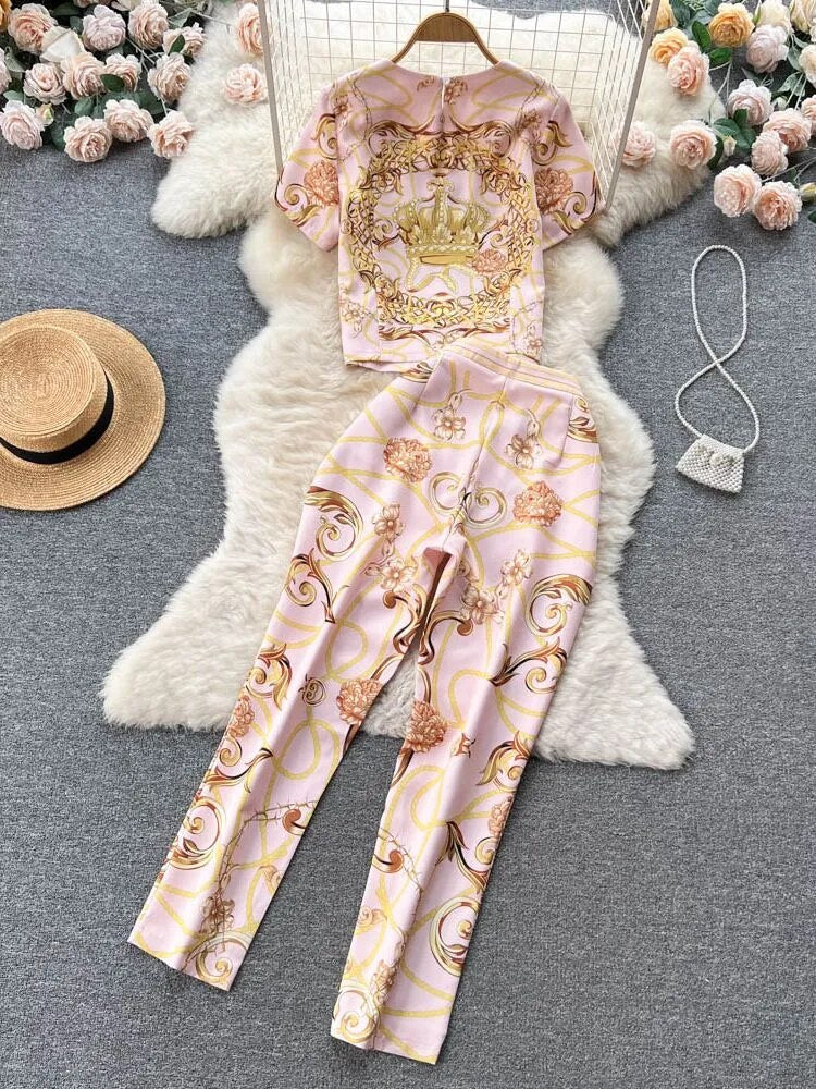 Summer Runway Chain Print Two Piece Set Women's Short Sleeve Diamonds Crystal Blouse Top+High Waist Pocket Pencil Pants Outfits