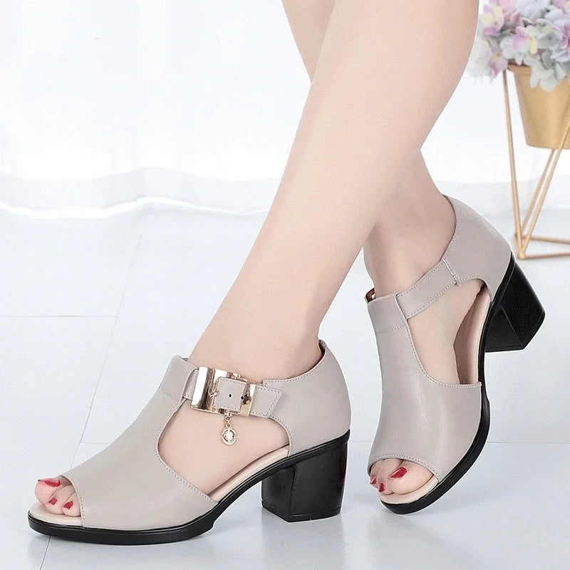 Women Sandals Summer New 2022 Med Heels Peep Toe Shoes Slippers Fashion Desiger Pu Leather Casual Sexy Wedding Pumps Shoe Woman