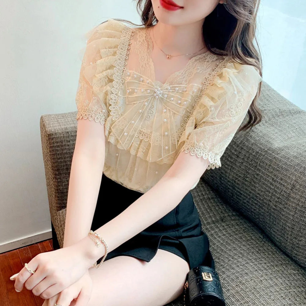 Elegant Chic Lace Blouses Female 2023 Summer Ruffle Fairy Chiffon Shirt Women's Korean Bubble Short Sleeve Beaded Bow Casual Top