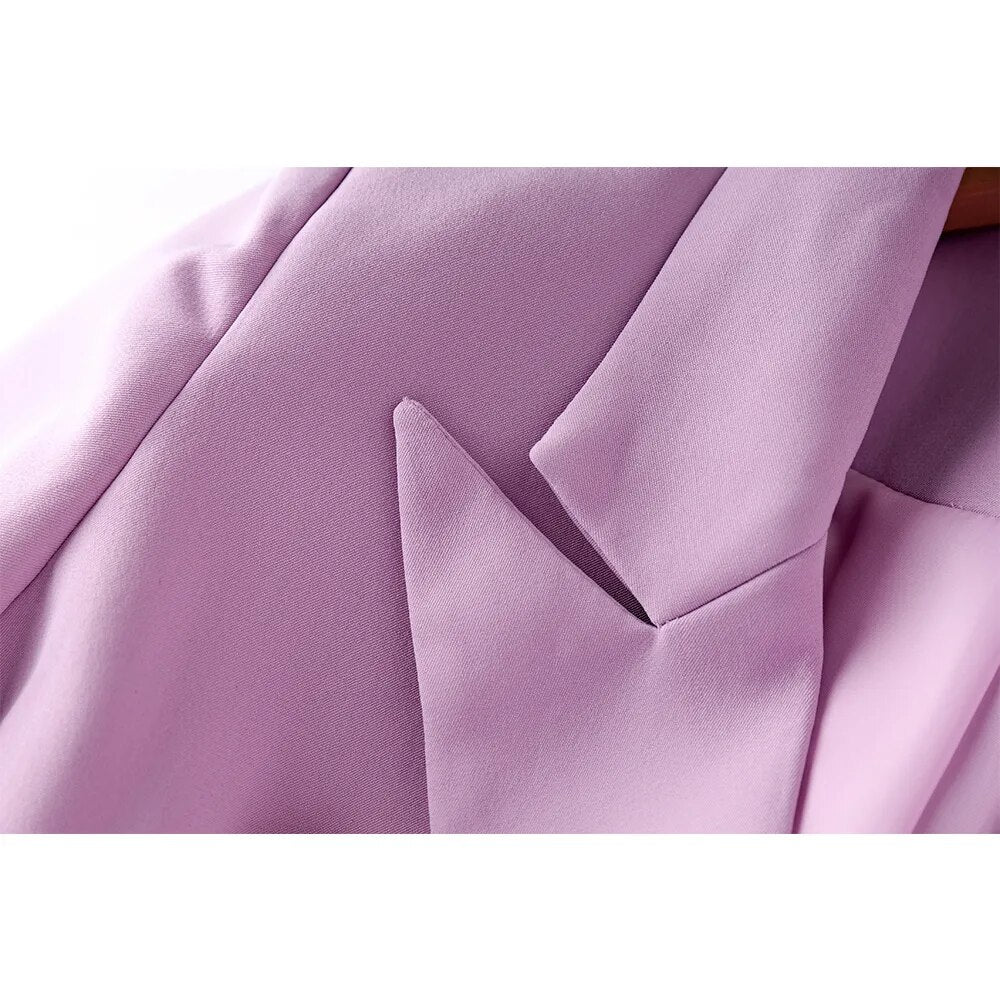 New Spring Autumn Fashion Women Twin Sets Fresh Lilac 2PCS Blazer Suits Elegant Slim Short Length with Belt