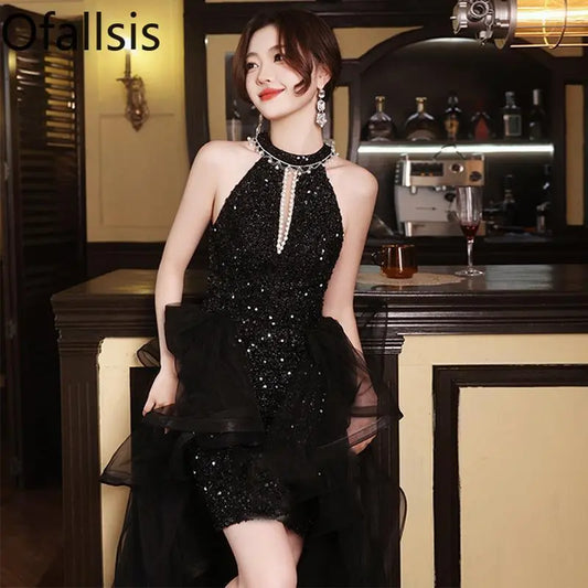 Ofallsis Black Halter Neck Beaded Mesh Stitching Evening Dress 2023 Elegant Fairy Wedding Banquet Sequins Light Luxury Dresses