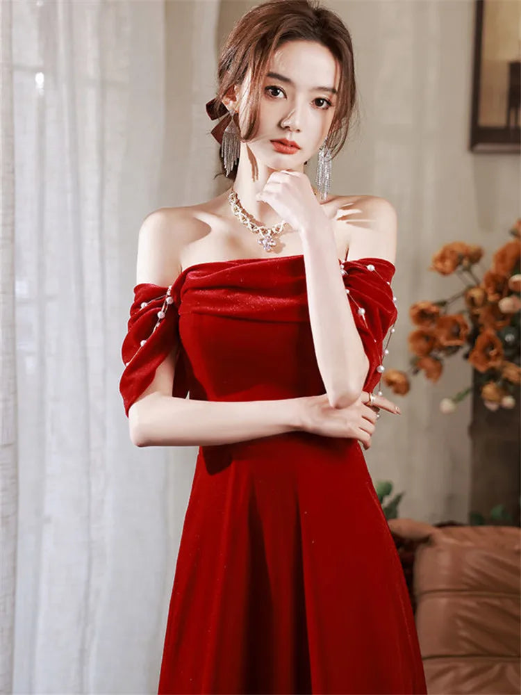 Elegant Wine Red Dress Female Solid Color Strapless Beaded Long A-line Skirt Temperament Evening Gown M344