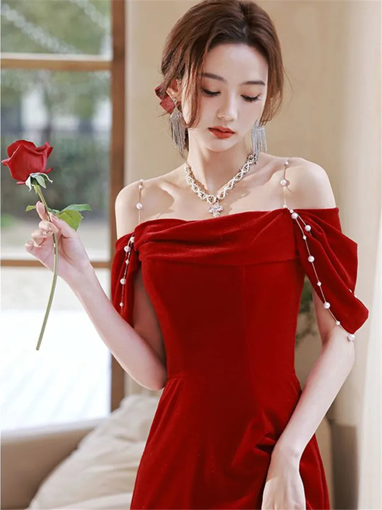 Elegant Wine Red Dress Female Solid Color Strapless Beaded Long A-line Skirt Temperament Evening Gown M344