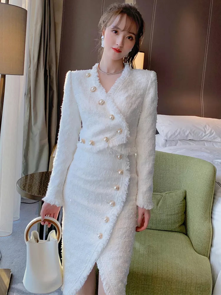 Autumn Winter Women 2 Piece Skirts Set 2023 Elegant White Tweed Pearl Buttons Short Jacket Midi Slit Skirt Office Street Suit