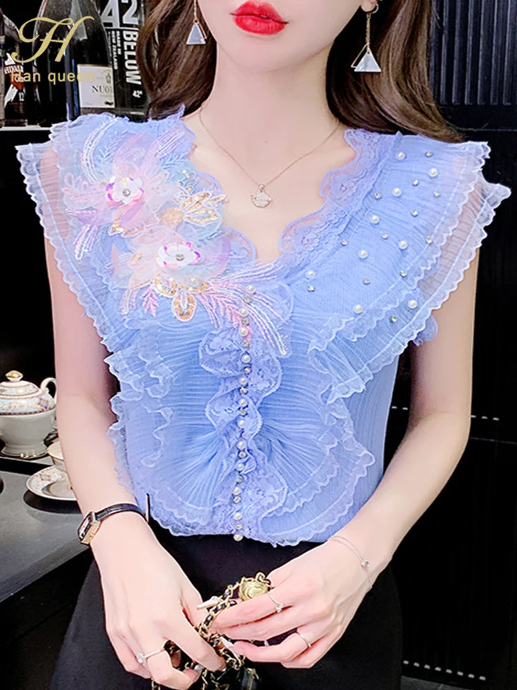 H Han Queen 2023 Summer Blusas Beaded Knitting Shirt Vintage Tops Elegant Blouse Women Loose Ruffles Flowers Casual Office Tops