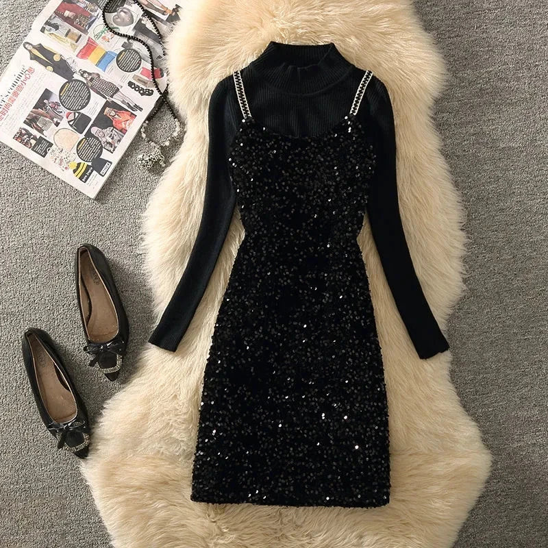 Sexy Sequined Black Spaghetti Strap Dress Suit Korean Slim Backless Mini Slip Dresses And Knit Sweater 2 Piece Set Women Outfits