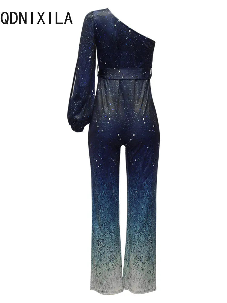 Women Elegant Long Jumpsuits Summer New Gradient Printed Sexy Inclined Collar Women's Jumpsuit Blue High Waisted Wide Leg Pants