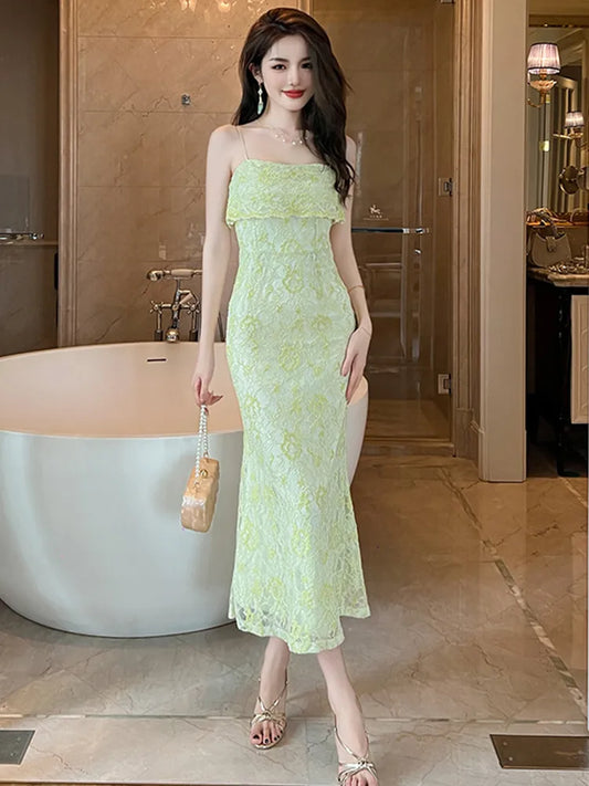 Summer Lace Elegant Women Evening Dress Sweet Sexy Strap Backless Slim Midi Party Club Prom Birthday Robe Femme Mujer Vestidos