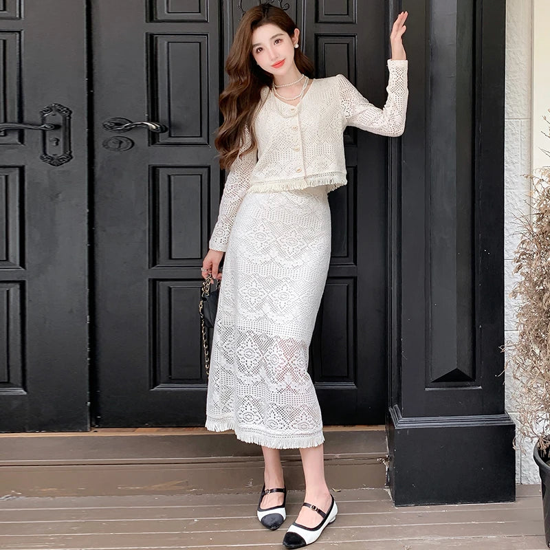 Spring and Autumn Ladies Temperament Fashion Lace Tassel Top Elegant Slim Casual Party Vintage Half-body Skirt Two Piece Set