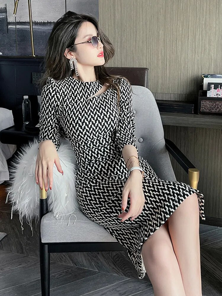 Fashion Elegant Office Women Dress O-neck Knee-Length Female Clothes Asymmetrical Hollow Plaid Split Bodycon Skinny Lady Dress