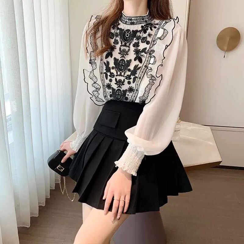 Luxury Designer Floral Embroidery Women Party Blouse O-Neck Flare Sleeve Top Sheer Mesh Ruffles Polka Dots Blouses