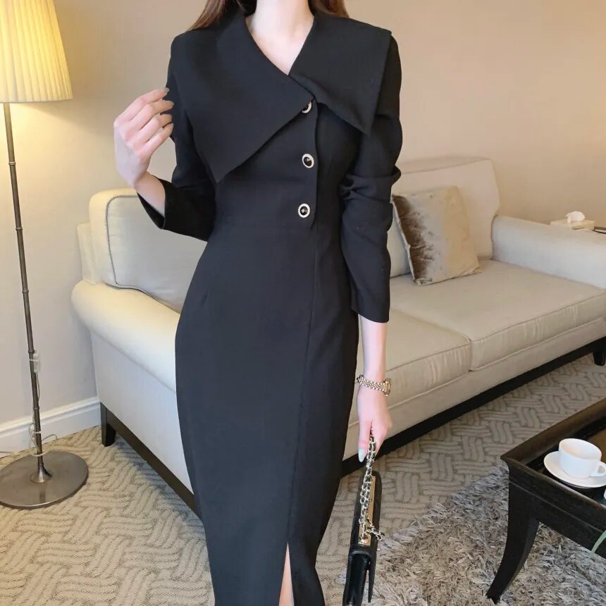 Vestidos De Mujer Elegantes Spring Elegant Simple Lapel Neck Side Buckle Waist Wrapped Long Sleeve Chiffon Dress Women