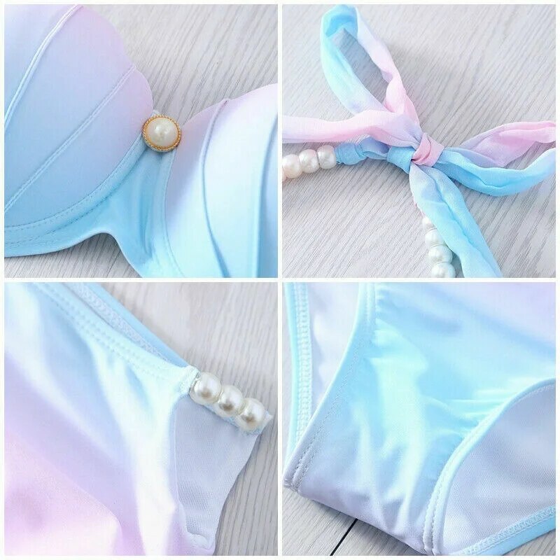 Sexy Women's Pearl Sling Bikini Suit Gradient Mermaid Shell Pearl Bra Swimsuit with Cushion Push Up Swimsuit Sea Speed Dry