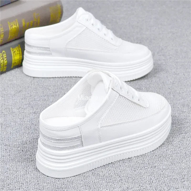 Slippers Women Summer Platform Cover Toe Flat Shoes Female Loafers Luxury Slides on Wedge 2023 Designer Mesh Breathable White PU