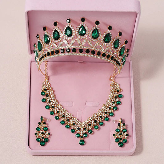 Itacazzo Bridal Headwear Crown Necklace Earwear Set Green-Colour Women's Fashion Party Tiaras