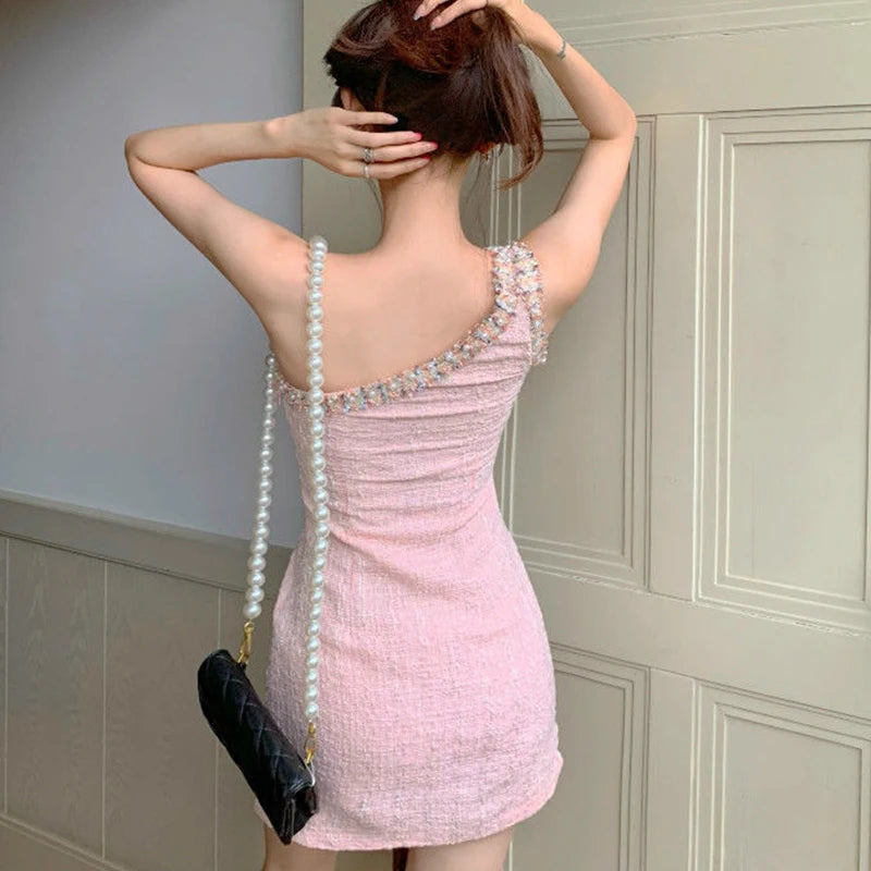 Women's Inclined Shoulder Mini Dress Summer 2023 Korean Elegant Pink Bodycon Slim Evening Party Gown Lady Vintage Graceful Dress