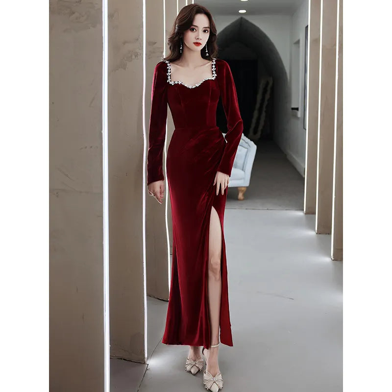 Ofallsis Wedding Gowns Bride Wine Red Diamonds Party Dress 2023 Autumn Winter New Elegant Velvet Engagement Long Evening Dresses