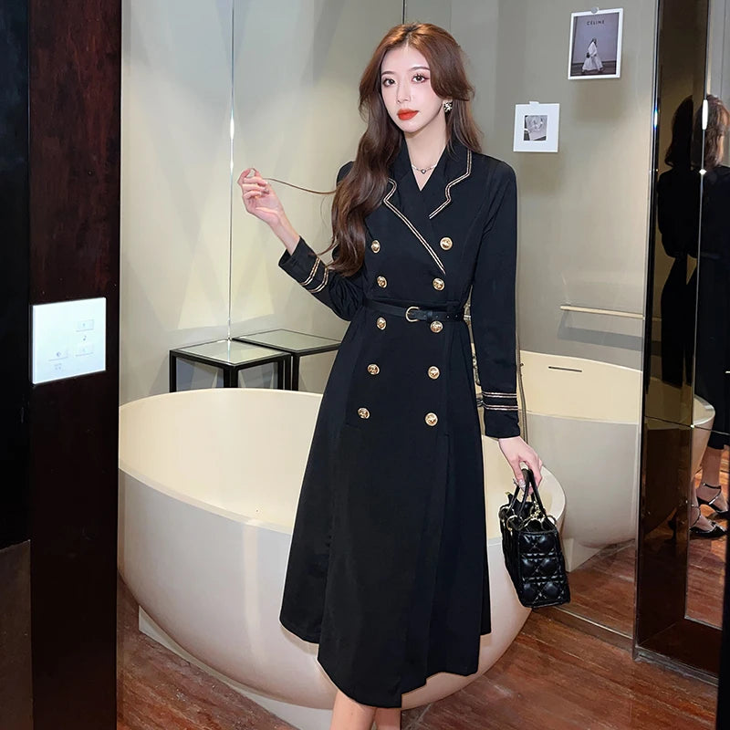 Spring Autumn Double Breasted Mid-leng Trench Coat Dresses for Women Elegant Black Slim Lapel Slim Casual Slit Dress with Belt