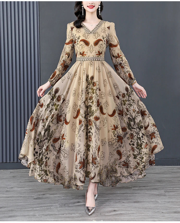 2022 Boho Floral Silk Long Sleeve V-Neck Maxi Dress Women Korean Fashion Luxury Chic Dress Autumn Elegant Bodycon Party Vestidos