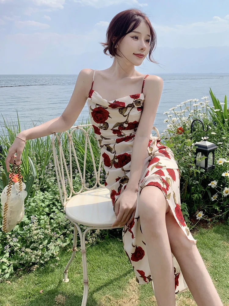 Vintage Slash Neck Spaghetti Strap Rose Floral Chiffon Midi Dress for Women Party Elegant Bodycon Beach Robe Vestidos Summer New