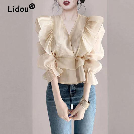 Women High-quality Luxury Design Ruffle Chic Elegant Blouse Stylish V Neck Long Sleeve Shirts Slim Solid Party Top Female Blusas