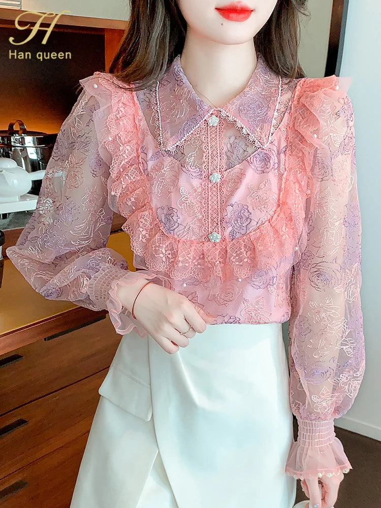 H Han Queen Autumn Blusas Basic  Embroidered Lace Blusas Vintage Tops Elegant Chiffon Blouse Women Loose Office Casual Shirts