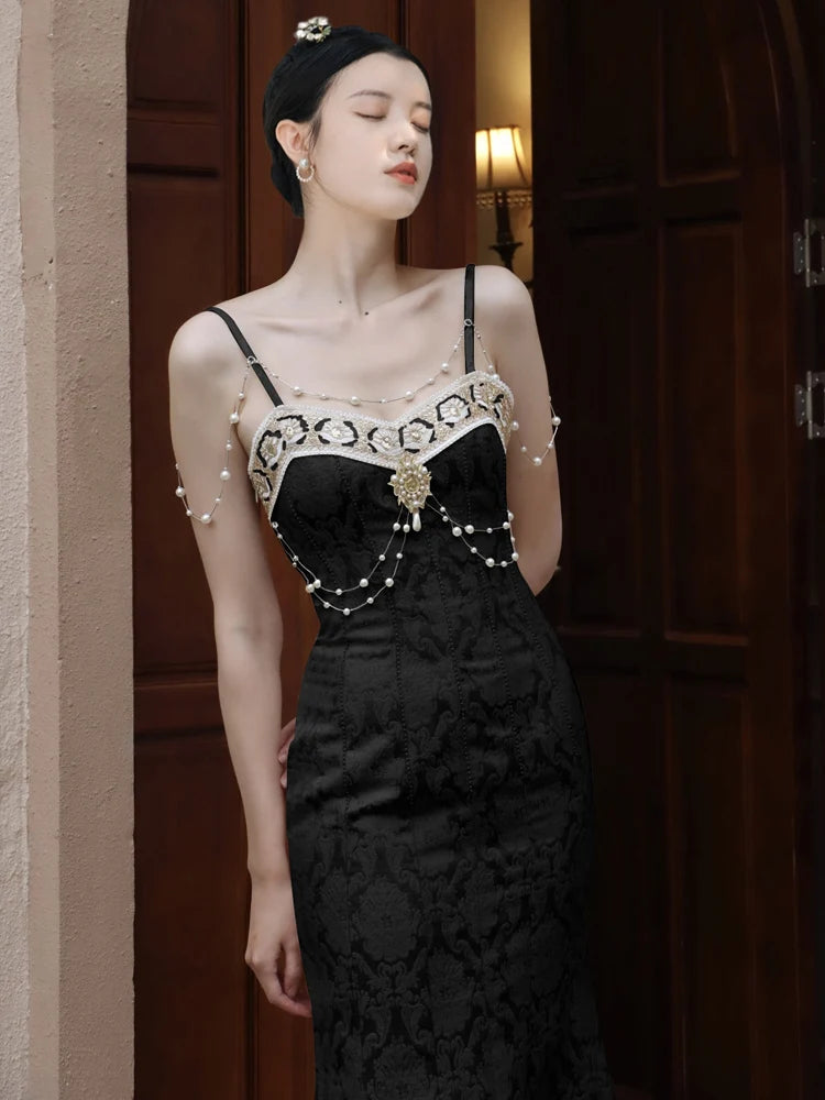 CHEERART Vintage Palace Black Pearl Beading Long Midi Slip Dress For Women 2023 Summer Elegant Luxury A Line Backless Dress