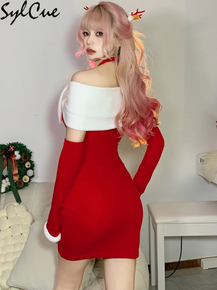 Sylcue Christmas Festive Red Bright Bow Mature Sexy Glamour Slim Hot Feminine Pure Desire Women Halter Dress Girl