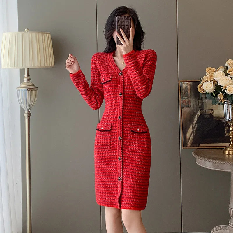 #0990 Red Short Pencil Dress V-neck Knit Sweater Dress Women Long Sleeve Office Dress Woman Slim Buttons Pockets Sexy Knitwear