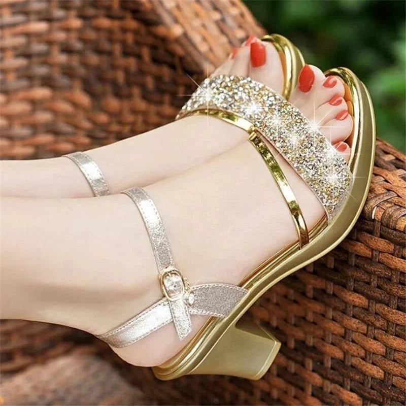 Sandals Woman New High-heeled Designer Shoes Luxury Women's Sandals Novelties 2024 Buckle Rhinestone Thick with Fish Mouth Gold