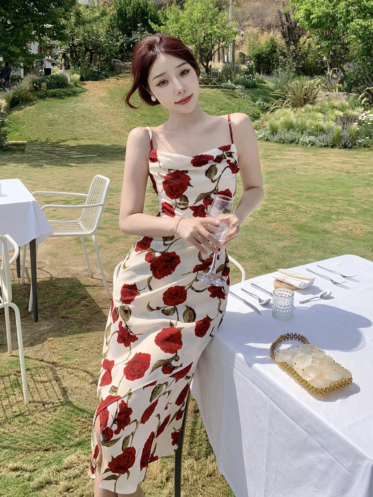 Vintage Slash Neck Spaghetti Strap Rose Floral Chiffon Midi Dress for Women Party Elegant Bodycon Beach Robe Vestidos Summer New