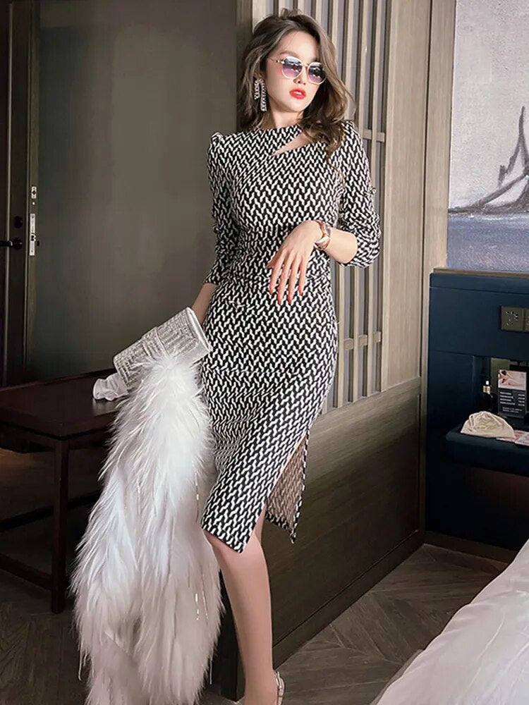 Fashion Elegant Office Women Dress O-neck Knee-Length Female Clothes Asymmetrical Hollow Plaid Split Bodycon Skinny Lady Dress