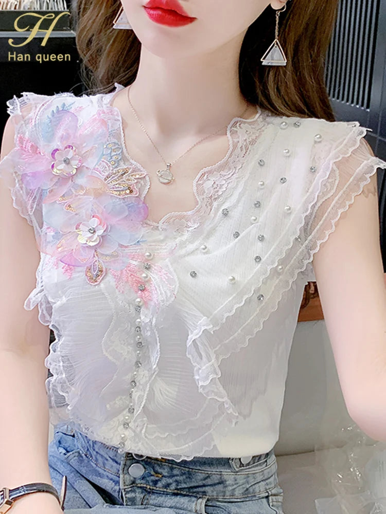 H Han Queen 2023 Summer Blusas Beaded Knitting Shirt Vintage Tops Elegant Blouse Women Loose Ruffles Flowers Casual Office Tops