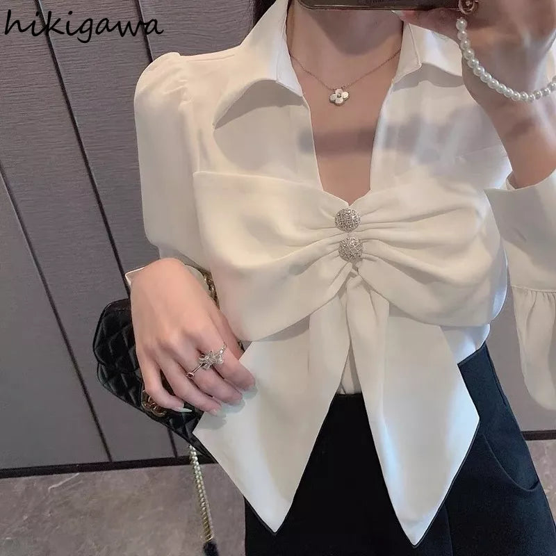 V-neck Long Sleeve Blouses Women's Clothing 2023 Korean Fashion White Shirts Ladies Tops Elegant Bow Chiffon Blusas De Mujer