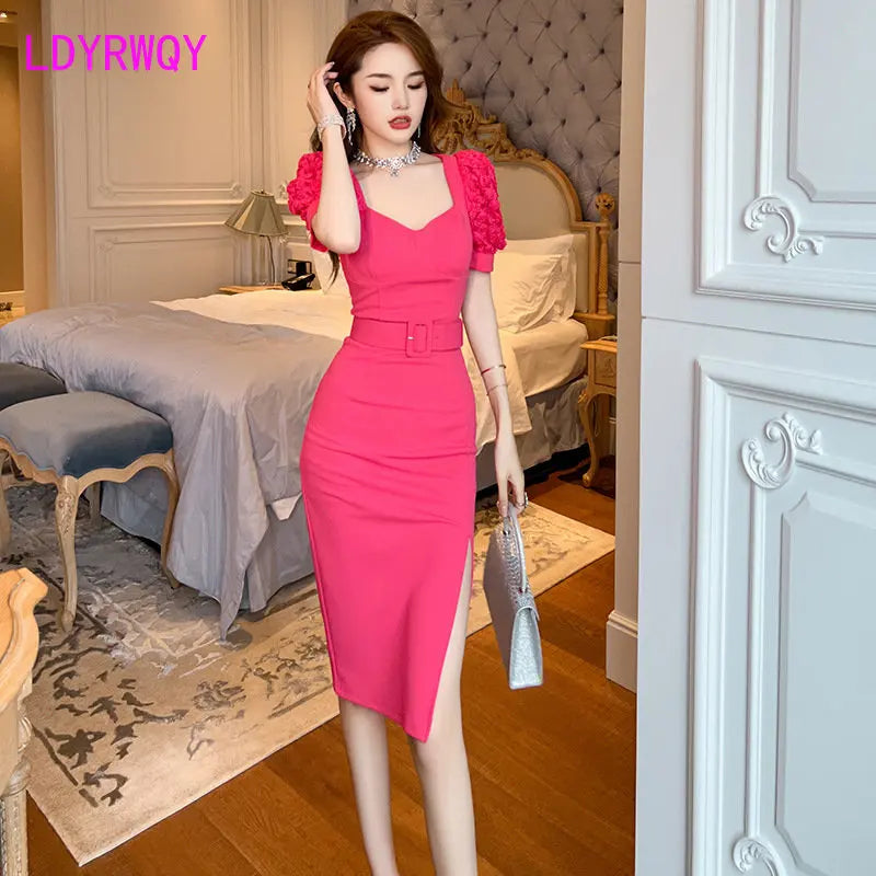 2023 Summer New Women's French Bubble Sleeve Slim Dress with Lace