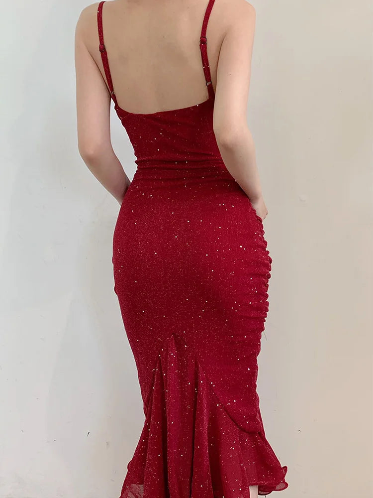 Red Mermaid Women Dress Spaghetti Strap Party Gowns 2022 New Summer Strapless Backless Ruched Beach Dresses for Holiday Birthday