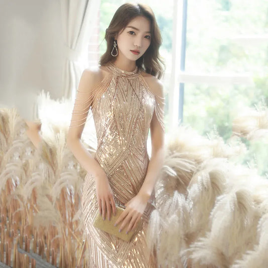 High-end evening dress female fish tail champagne color senior texture celebrity sexy fairy atmosphere banquet temperament light