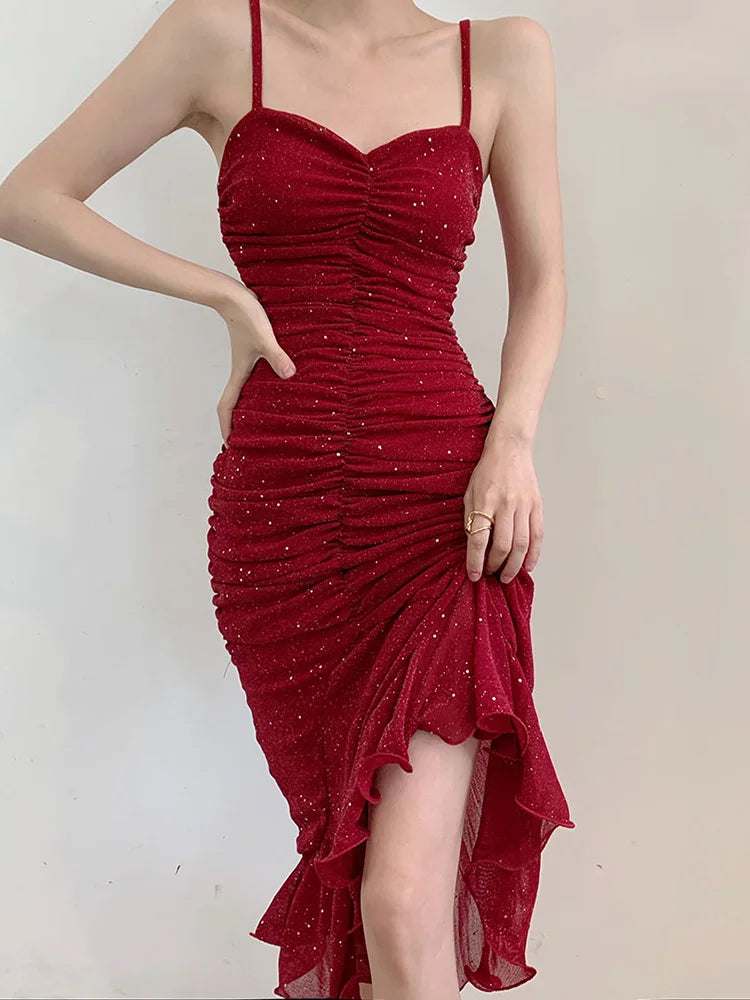 Red Mermaid Women Dress Spaghetti Strap Party Gowns 2022 New Summer Strapless Backless Ruched Beach Dresses for Holiday Birthday