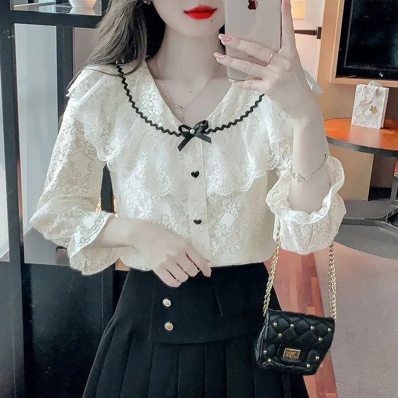 Women Lace Hollow Bow Chic Sweet Japanese Style Blouses White Long Sleeve Elegant Tops Female Fashion Casual Slim Pullover Shirt