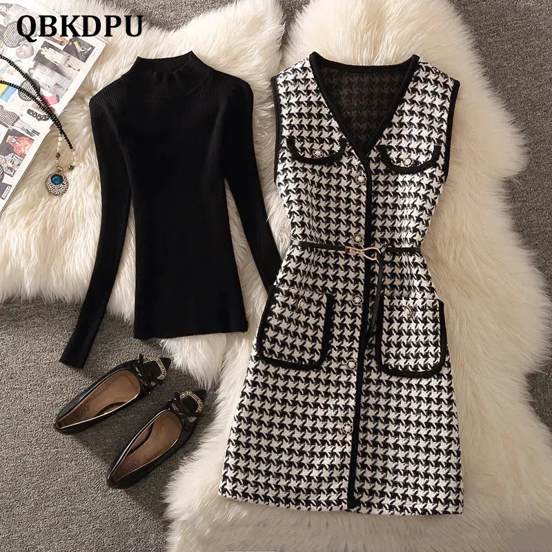 Casual Houndstooth V Neck Tweed Vest Jacket Women Suit Vintage Woolen Blends Waistcoat And Bottoming Knitted Sweater 2 Piece Set