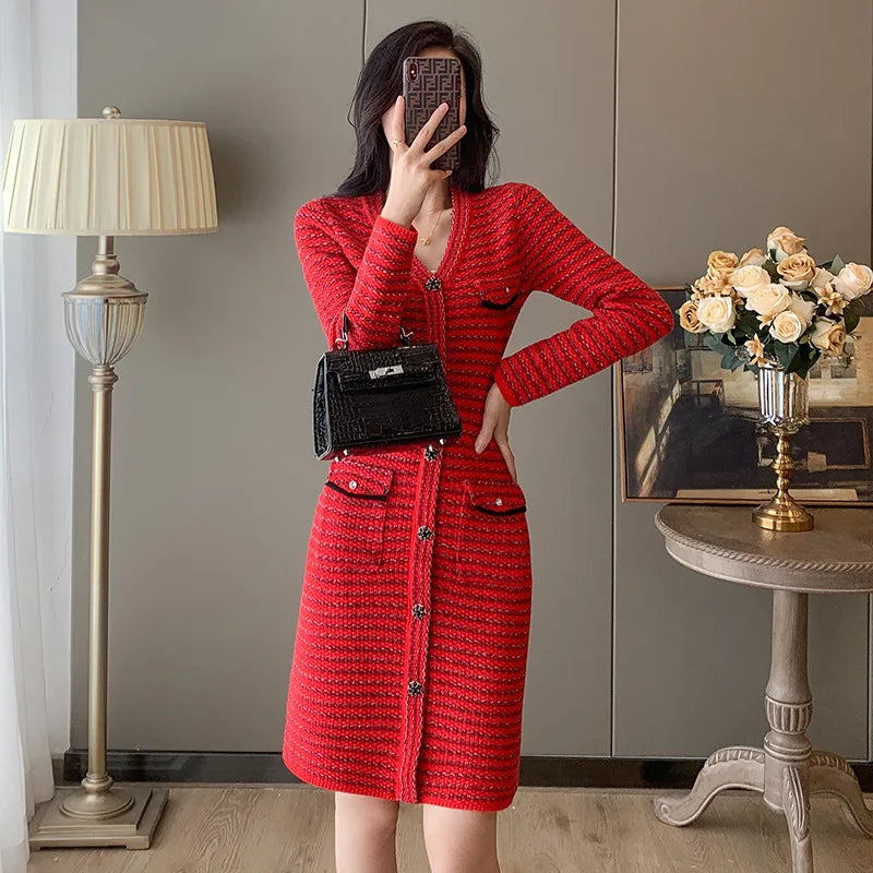 #0990 Red Short Pencil Dress V-neck Knit Sweater Dress Women Long Sleeve Office Dress Woman Slim Buttons Pockets Sexy Knitwear