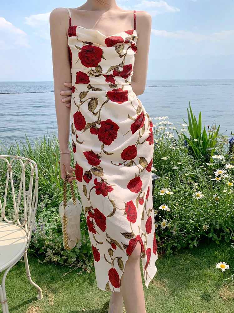 Vintage Slash Neck Spaghetti Strap Rose Floral Chiffon Midi Dress for Women Party Elegant Bodycon Beach Robe Vestidos Summer New