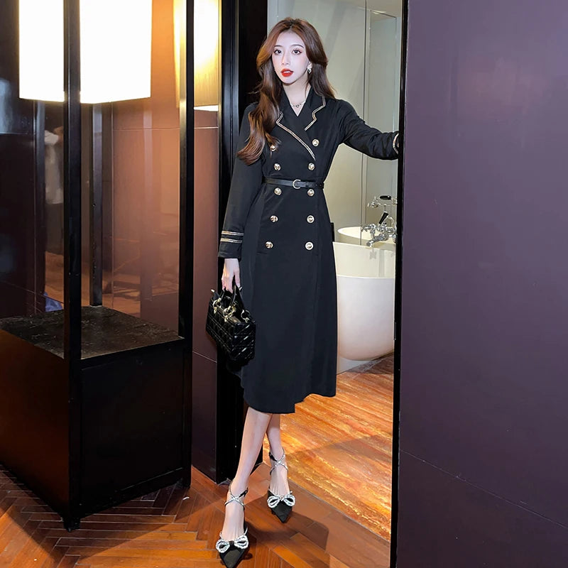 Spring Autumn Double Breasted Mid-leng Trench Coat Dresses for Women Elegant Black Slim Lapel Slim Casual Slit Dress with Belt