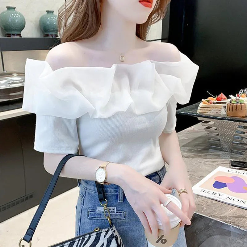 2023 New Summer Off Shoulder Short Sleeve T Shirt Women Sexy Mesh Patchwork Ruffles White Tops Woman Korean Slim Chic T-Shirt