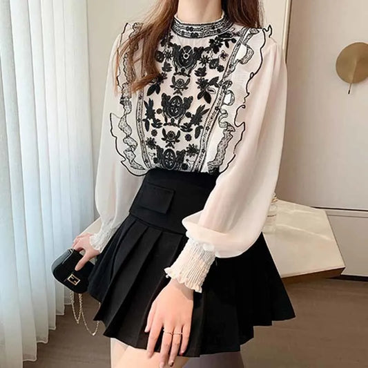 Luxury Designer Floral Embroidery Women Party Blouse O-Neck Flare Sleeve Top Sheer Mesh Ruffles Polka Dots Blouses