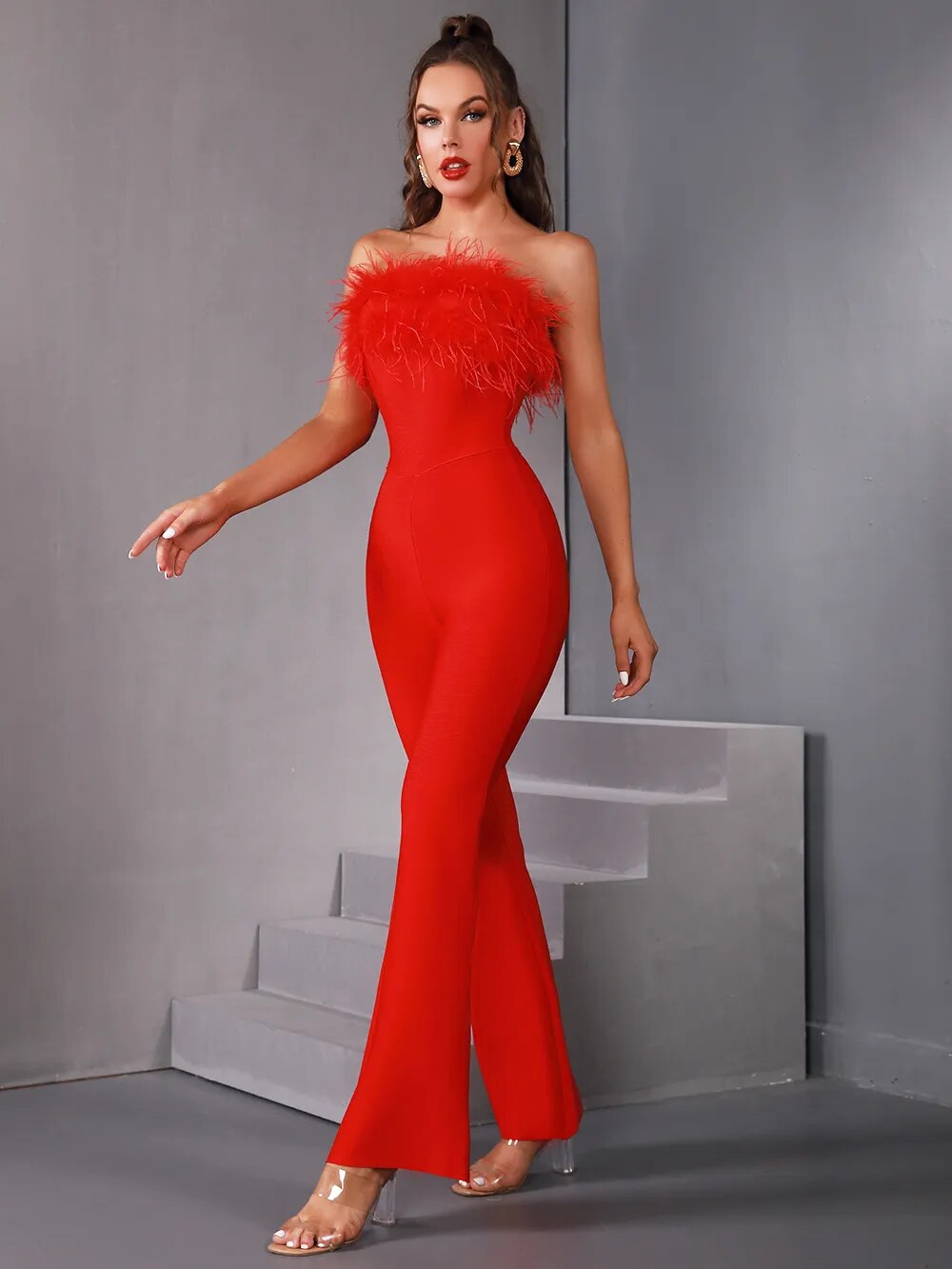 Luxury Women Summer Sexy Strapless Feather Black Red Bodycon Bandage Jumpsuit 2023 Celebrity Designer High Street Rompers