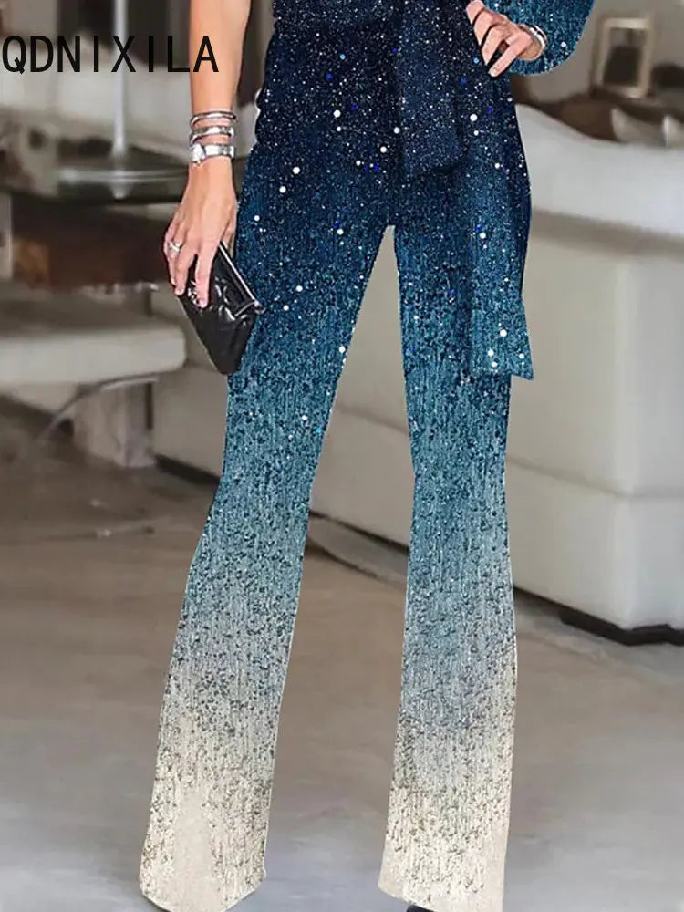 Women Elegant Long Jumpsuits Summer New Gradient Printed Sexy Inclined Collar Women's Jumpsuit Blue High Waisted Wide Leg Pants